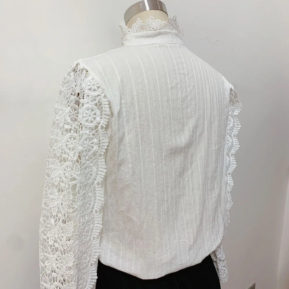 Vintage Solid White Lace Blouse Shirts Women New Korean Button Loose Shirt Tops Female Hollow Casual Ladies Blouses Blusas
