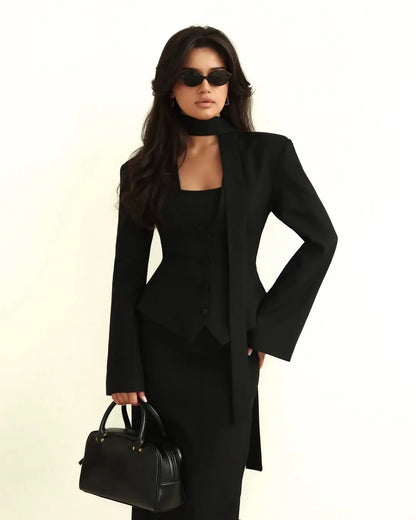Single Breasted Coat Women's V Neck Scarf With Long Sleeve Waist-Cinching Blazer Jacket Lady Casual Slim Commute Coat
