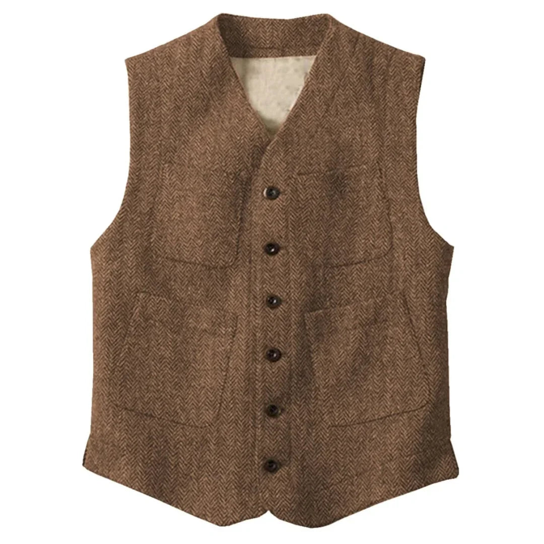 Men Vest Brown Herringbone Single Button With Pocket Waistcoat For Wedding Party Business Work Office Daily Men Suit Vest