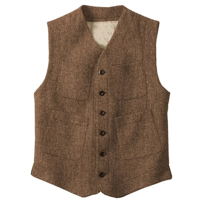 Men Vest Brown Herringbone Single Button With Pocket Waistcoat For Wedding Party Business Work Office Daily Men Suit Vest