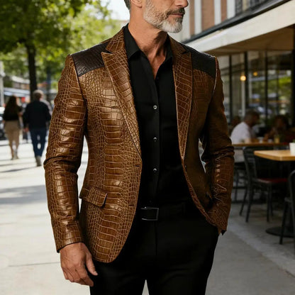 Men's Crocodile Pattern Leather Blazer Patchwork PU Leather Suit Jacket Notched Lapel Slim Fit Business Casual Coat Outerwear