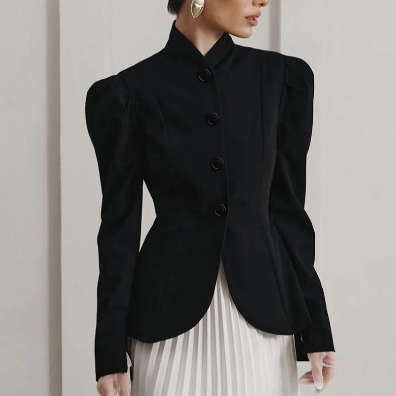 French Style Elegant Retro Stand Collar Black Suit Autumn Winter New Temperament Commute Puff Sleeve Slim Female Coat Tops Trend