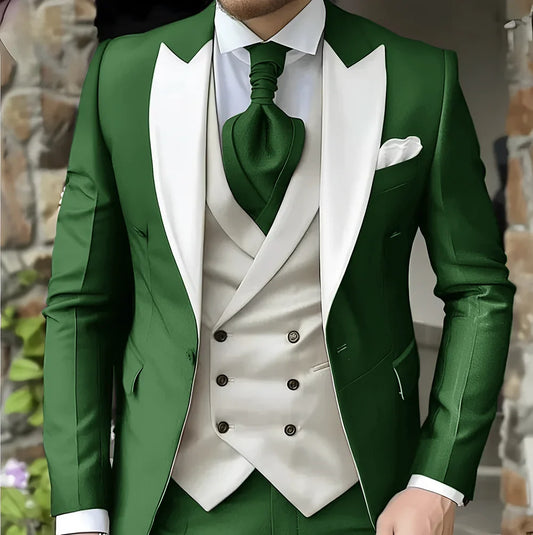 Men's Elegant Peak Lapel Tuxedo 3-Piece Suit with Blazer Vest Formal Men's Suit for Business Prom Business Dinner
