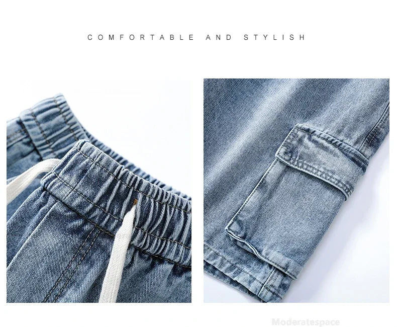 Summer Retro Fashion Denim Shorts for Men Loose Straight Leg Multi-pocket Short Jeans With Elastic Waist and Drawstring Male