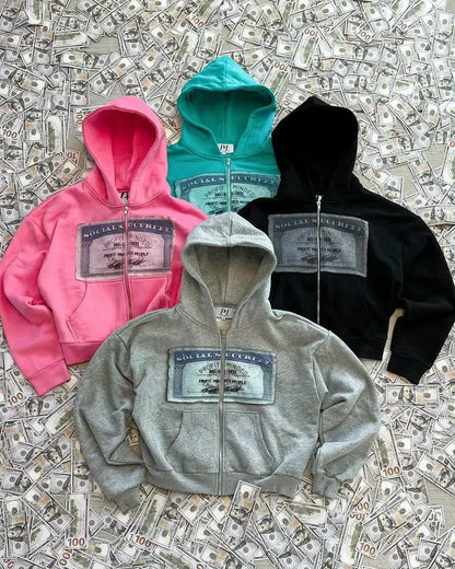 Gray Y2K Harajuku Dollar Print Hoodie Euro Street Style Best Seller Viral Harajuku Inspired Gray Cash Graffiti Design Streetwear