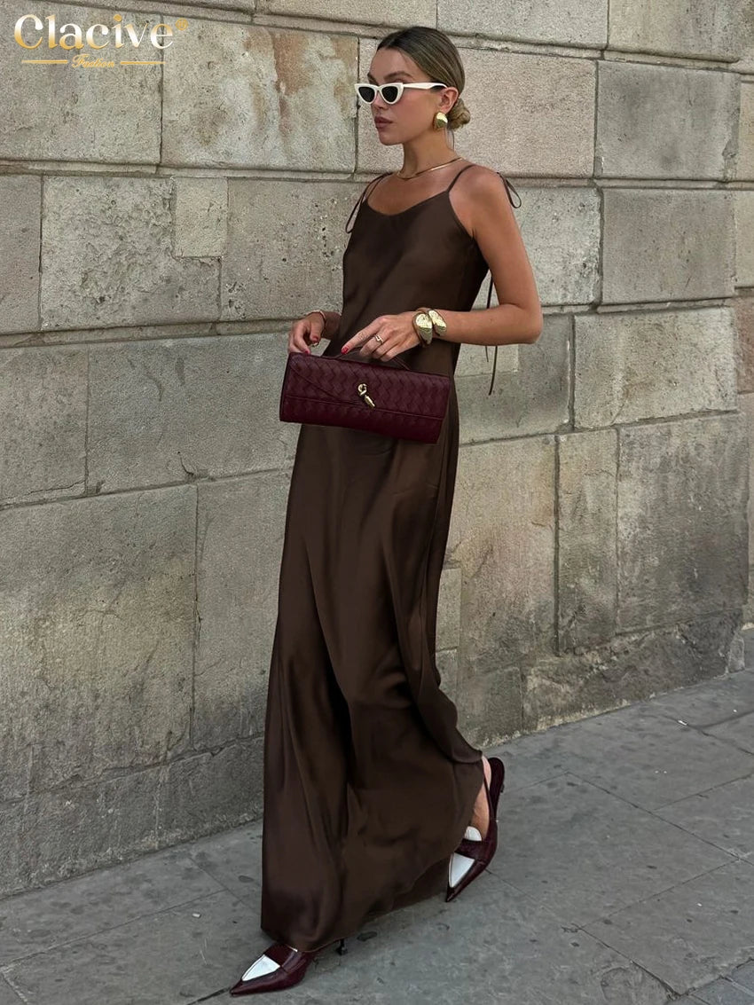 Fashion Loose Brown Satin Womens Dresses 2025 Summer Strap Sleeveless Floor Length Dress Sexy Backless Female Dress