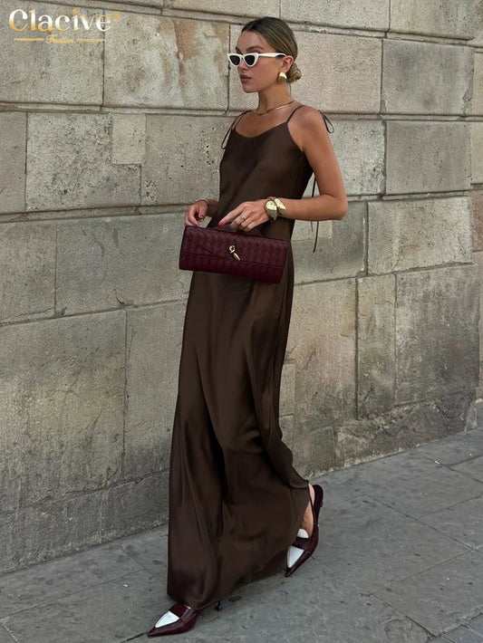 Fashion Loose Brown Satin Womens Dresses 2025 Summer Strap Sleeveless Floor Length Dress Sexy Backless Female Dress