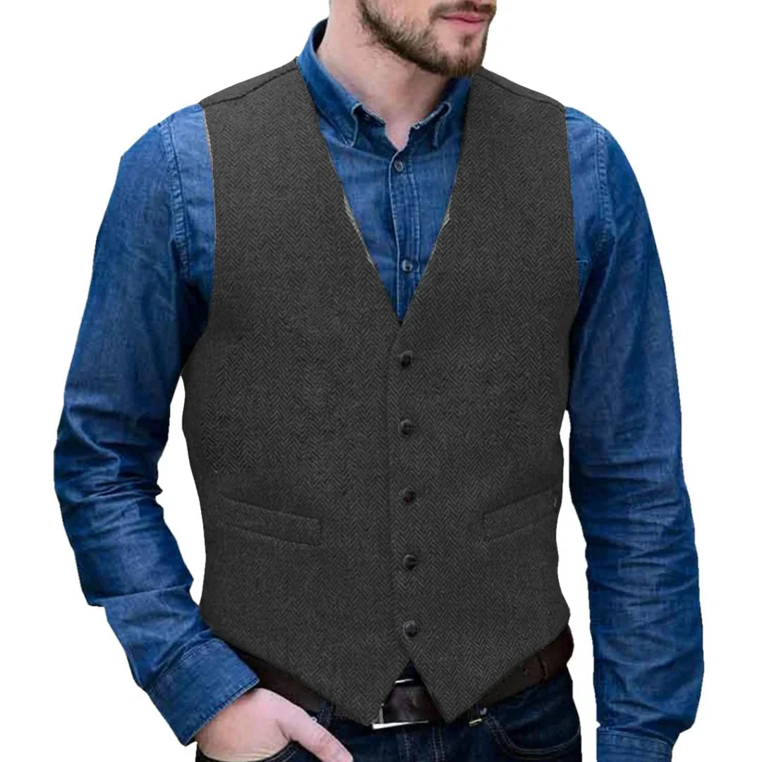 Men Vest Gray Herringbone Single Button V Neck Waistcoat For Wedding Business Casual Formal Wedding Daily Work Men Suit Vest