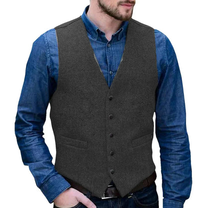 Men Vest Gray Herringbone Single Button V Neck Waistcoat For Wedding Business Casual Formal Wedding Daily Work Men Suit Vest
