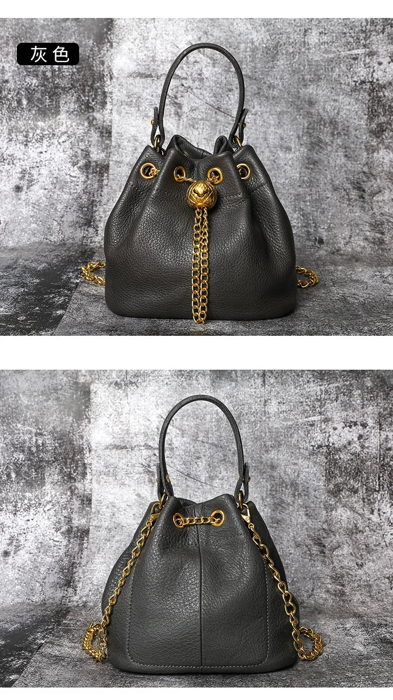 New Vintage Fashion Chain Bag Genuine Leather Multi-Way Bucket Bag for Women Compact Stylish Crossbody Purse