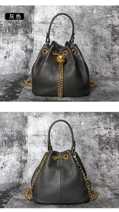 New Vintage Fashion Chain Bag Genuine Leather Multi-Way Bucket Bag for Women Compact Stylish Crossbody Purse