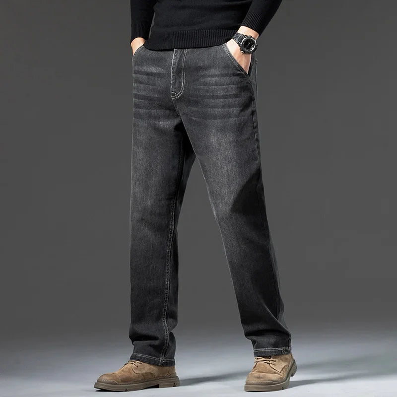 Men's loose straight leg jeans retro washed elastic casual pants suitable for all seasons versatile pants
