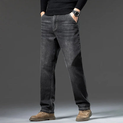 Men's loose straight leg jeans retro washed elastic casual pants suitable for all seasons versatile pants