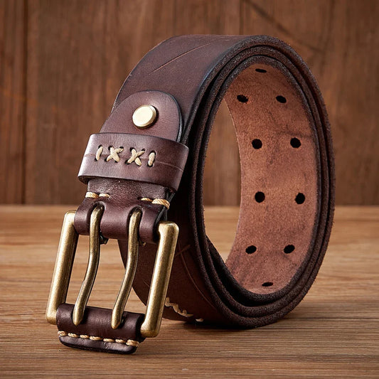 3.8CM Original Genuine Leather Army Tactical Belt Double-needle Buckle Men's Belt Washed Water Made Old Macho Jeans Belt