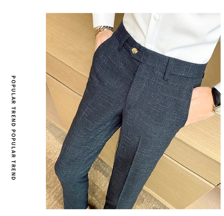 Boutique Classic Plaid and Striped Fashion Men's Casual Business Slim Suit Pants Groom Wedding Dress Trousers Party