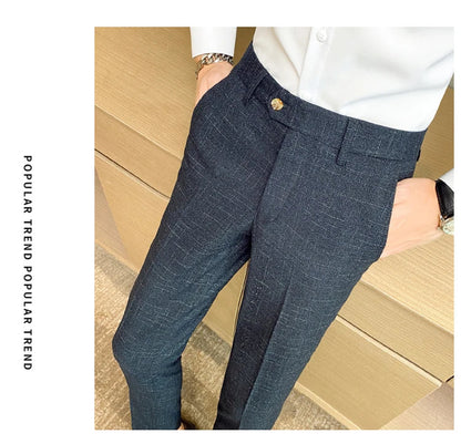 Boutique Classic Plaid and Striped Fashion Men's Casual Business Slim Suit Pants Groom Wedding Dress Trousers Party
