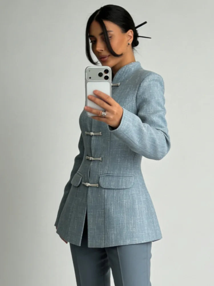 Women's Spring Summer Mandarin Collar Frog Button Tweed Fitted Blazer Elegant Casual Office Wear 2026 Trendy Fashion Blazer