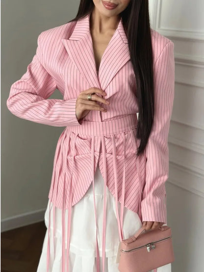Women's Spring Summer Lapel Stripe Print Fringe Detail Blazer Elegant Formal Party 2026 Trendy Feminine Fashion Blazer
