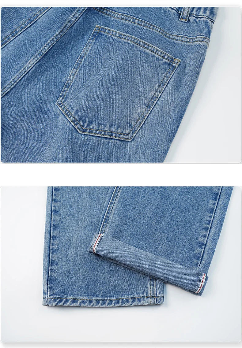 Spring Autumn Men's Jeans Straight Denim Pants Banding Waist Cotton Streetwear Wide Leg Loose Casual Blue Long Jeans Trousers