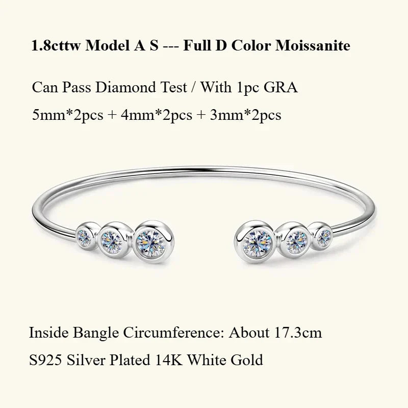 Four Prong Moissanite Cuff Bangle 5mm 0.5CT Round Cut D Color 925 Silver Open Hand Chain Bracelet For Women Girl Lady Gift