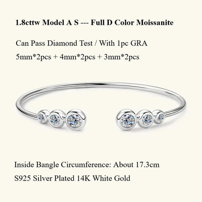 Four Prong Moissanite Cuff Bangle 5mm 0.5CT Round Cut D Color 925 Silver Open Hand Chain Bracelet For Women Girl Lady Gift
