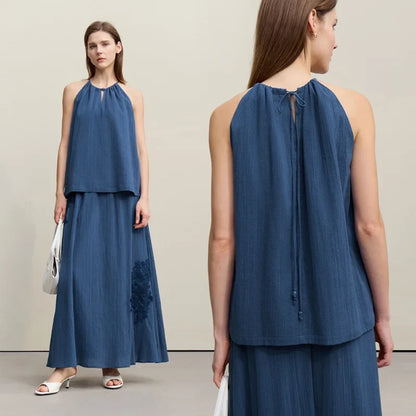 Women's Tank Top 2026 Summer New O-Neck Tie Detail Sleeveless Vest Beaded Linen Casual Loose Holiday Cami For Wome 12622006