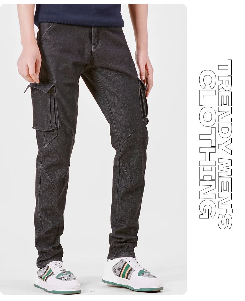 Men's Street Style Elastic Waist Denim Cargo Pants Solid Color Washed Slim Fit Casual Jeans with Multiple Pockets for Daily Wear
