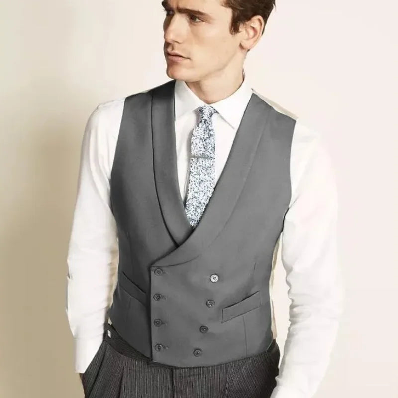 Men Vest Dark Gray Double Button With Lapel Gentleman Waistcoat For Business Regular Slim Wedding Banquet Men Suit Vest