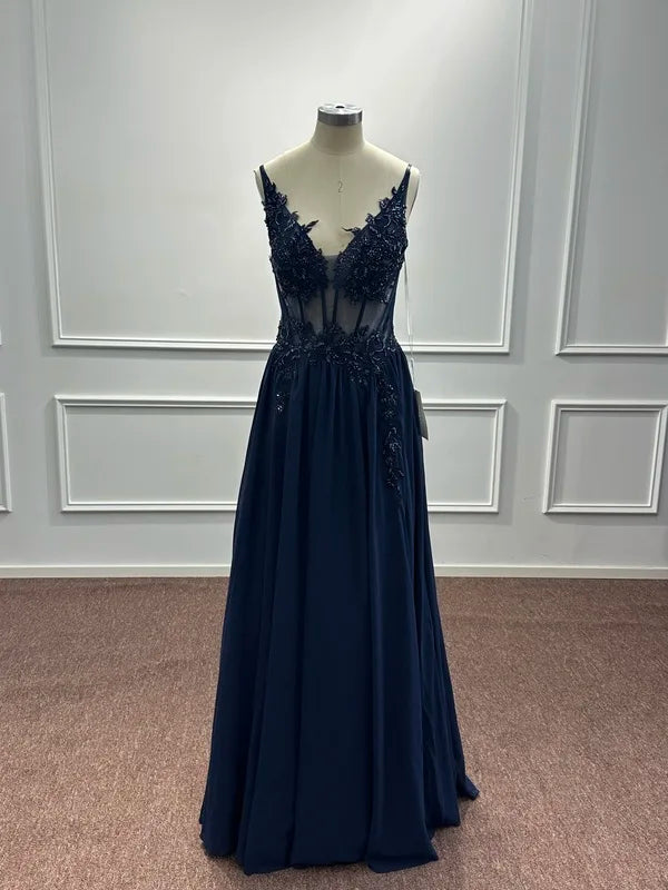 Navy Blue A Line Evening Dresses 2025 Elegant Beaded Appliques Illusion Prom Gowns Formal Party Vestido De Gala