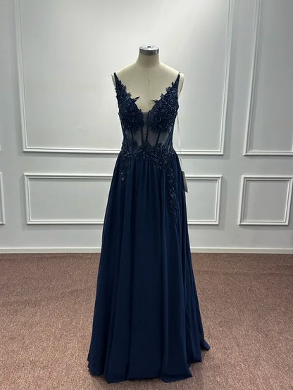 Navy Blue A Line Evening Dresses 2025 Elegant Beaded Appliques Illusion Prom Gowns Formal Party Vestido De Gala