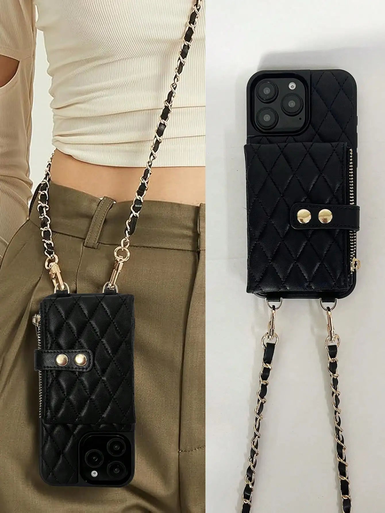 Lingge Double Button Fragrant Wind Phone Case, Change Card Bag, Quilted Leather Cover, Suitable for Apple 17/16/15/14/13/12/11