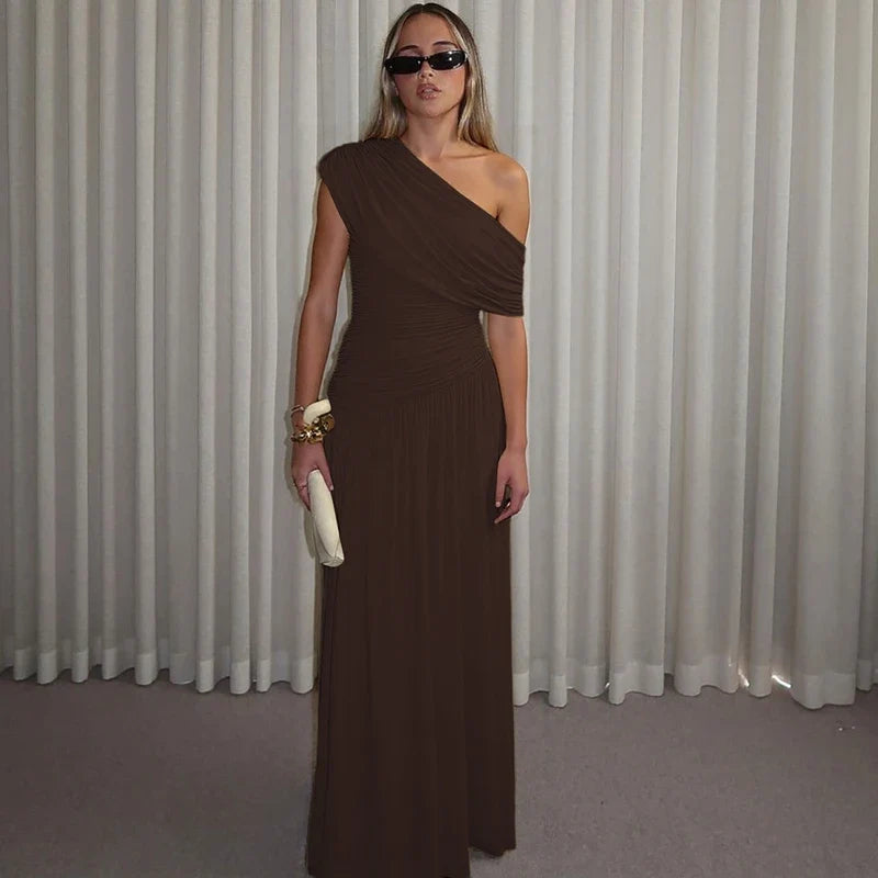 One Shoulder Ruched Sleeveless Solid Pleated Sexy Irregular Y2K Maxi Dress Summer Elegant Party Women Clothes Vacation