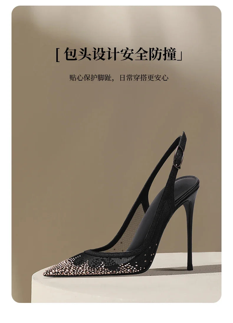 New Baotou sexy sandals with one buckle and summer mesh, rhinestone high heels for women, slim heels, shallow mouth
