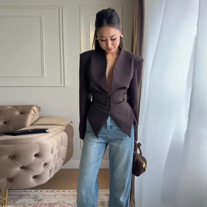 Chic Pleated Waist Cinched Women's Jacket V Neck Single Breasted Lace Up Blazer Coat Lady 2026 Casual Slim Commute Outerwear