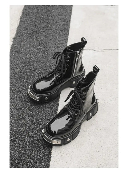 New Men Goth Platform Boots Fashion Rivet Lace Up Punk Wedges Chunky Heels Men Boots Party Street Patent Leather Men Shoes