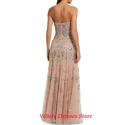 Luxury Champagne Tulle Evening Dress Classic Sweetheart Sleeveless Celebrity Gowns Delicate Crystal Customized Party Dresses