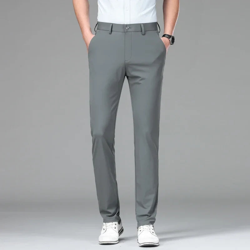 New Summer Men's Ice Silk High Stretch Business Suit Pants Male Army Green Blue Elastic Formal Office Straight Formal Trousers