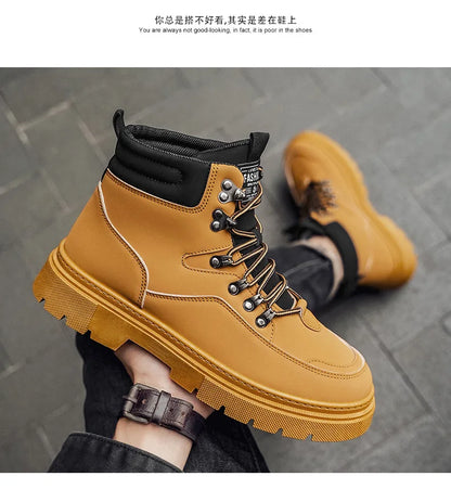 New Men's Leather Boots Brand Retro Comfortable Boots for Men 2026 Fashion High Top Non Slip Casual Shoes Business Work Shoes