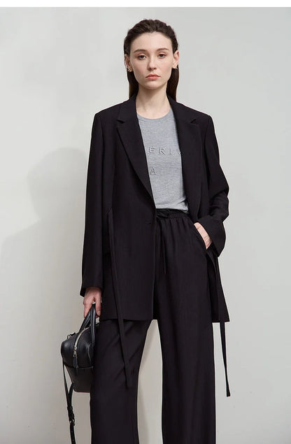 Office Lady Solid Blazers 2025 Autumn New Long Sleeves Loose Coat Notched Business Jacket Belt Women's Clothing 12543025
