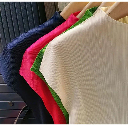 Miyake Versatile Classic Simple Solid Color Stand Up Collar Pleated Top Women Slim Slim Short Sleeve Miyake T-shirt Summer 2025