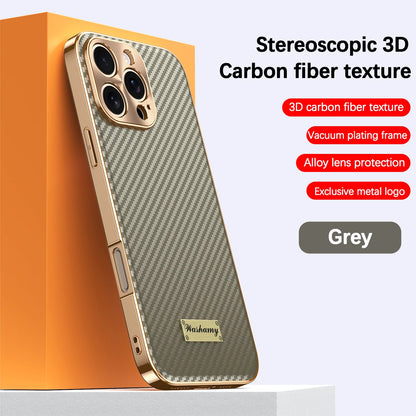 Luxury Plating Leather Carbon Fiber Texture Phone Case For iPhone 17 16 15 14 13 Pro Max Plus 17Air Alloy Lens Shockproof Cover