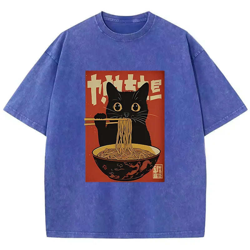 T Shirt Vintage Washed 100% Cotton T-Shirt Black Retro Cat Eating Ramen Graphic Tee Casual Streetwear for Spring Summer Fall