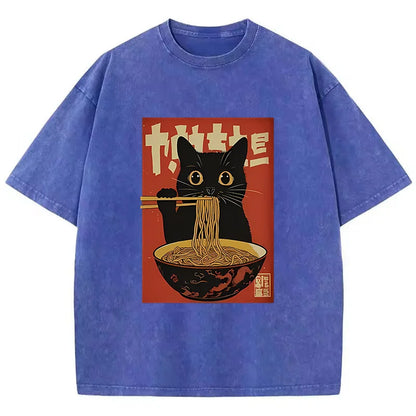 T Shirt Vintage Washed 100% Cotton T-Shirt Black Retro Cat Eating Ramen Graphic Tee Casual Streetwear for Spring Summer Fall