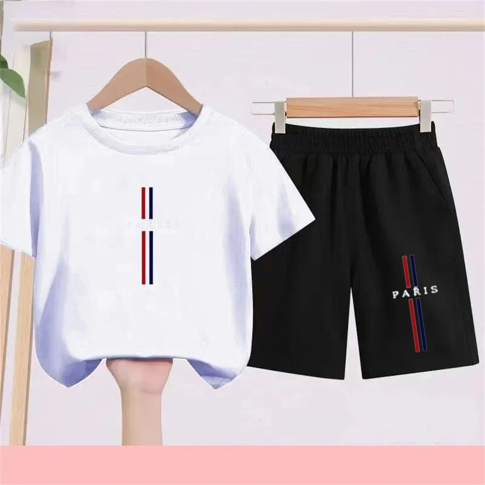 Summer Short Sleeve Children Age 3-12 Girls Boy Set White Black Tshirt+Shorts 2pcs Leisure Kids PARIS Brand Print Set