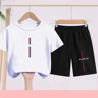 Summer Short Sleeve Children Age 3-12 Girls Boy Set White Black Tshirt+Shorts 2pcs Leisure Kids PARIS Brand Print Set
