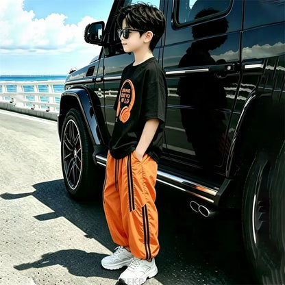 Street Style Children Luxury Summer Outfit Top And Bottom Set for Teen Boys T-shirt Pants Suit Kids Fashion Streetwear Clothes