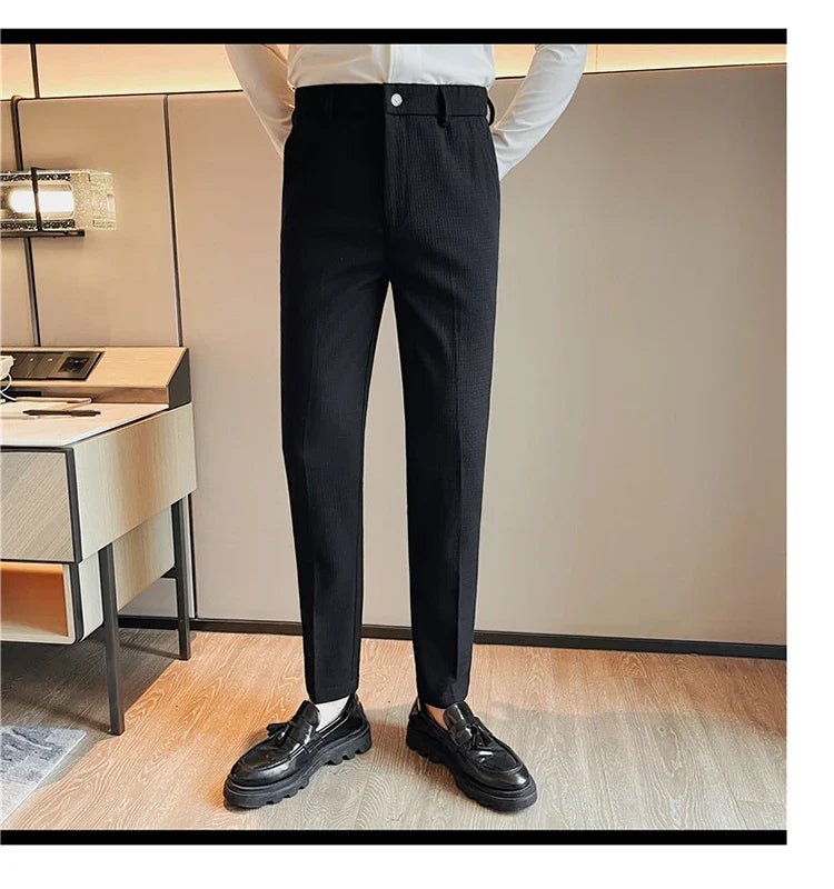 Men's Waffle Casual Pants Fashion Korean Stretch Waist Business Formal Pants Mens Social Party Suit Pants Streetwear Pencil Pant