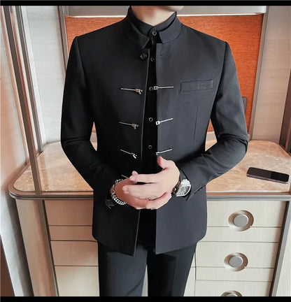 Chinese Style Stand Up Collar Suit Jacket for Men High Quality Mens Slim Fit Casual Social Wedding Dress Coat Men's Clothing