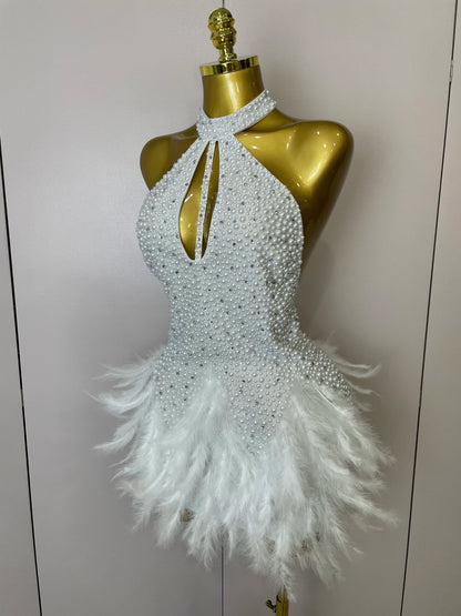 Women Luxury Rhinestones Pearls Feathers Halter Backless Short Dress Women Sexy Celebrate Birthday Dress Nightclub Stage Costume