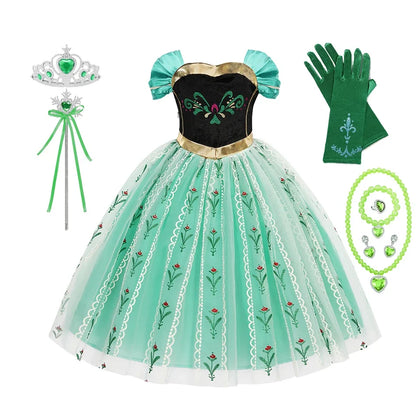 Elsa Anna Dress for Girls Short Sleeve Dress Snow Queen Floral Print Dress Cosplay Birthday Party Children Kids Carnival Clothes